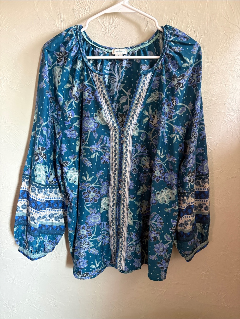 SUNDANCE Teal Floral Peasant Blouse - Picture 4 of 10